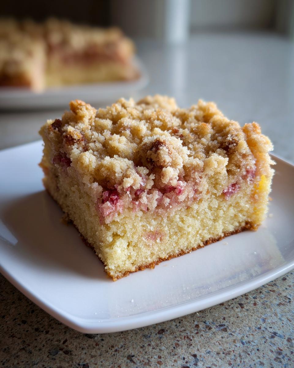 Close-up of a square slice of Big Crumb Rhubarb Coffee Cake showing the moist cake base, pink rhubarb filling, and thick, buttery crumb topping.