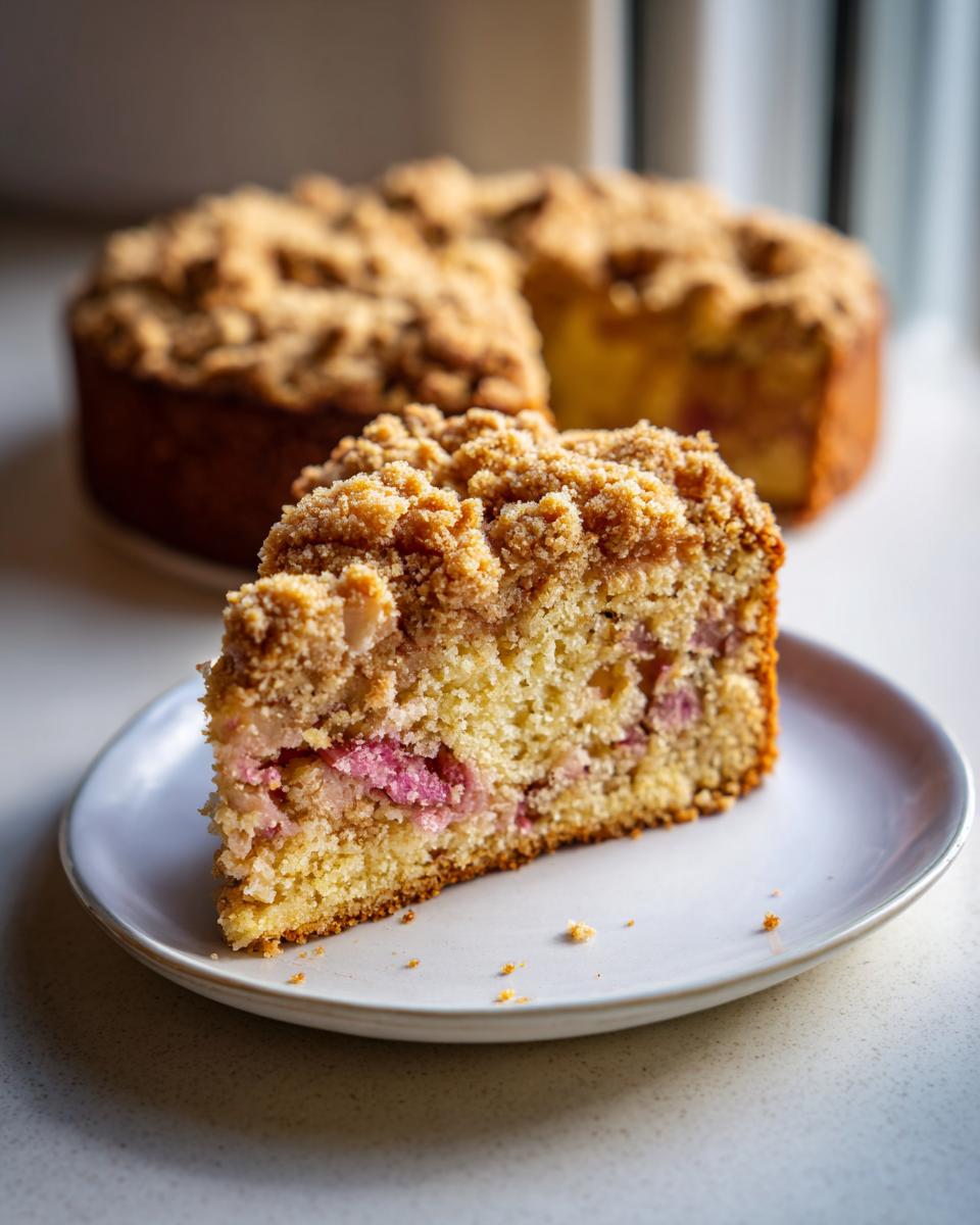A thick slice of Big Crumb Rhubarb Coffee Cake showing the moist yellow cake, pink rhubarb filling, and heavy streusel topping.