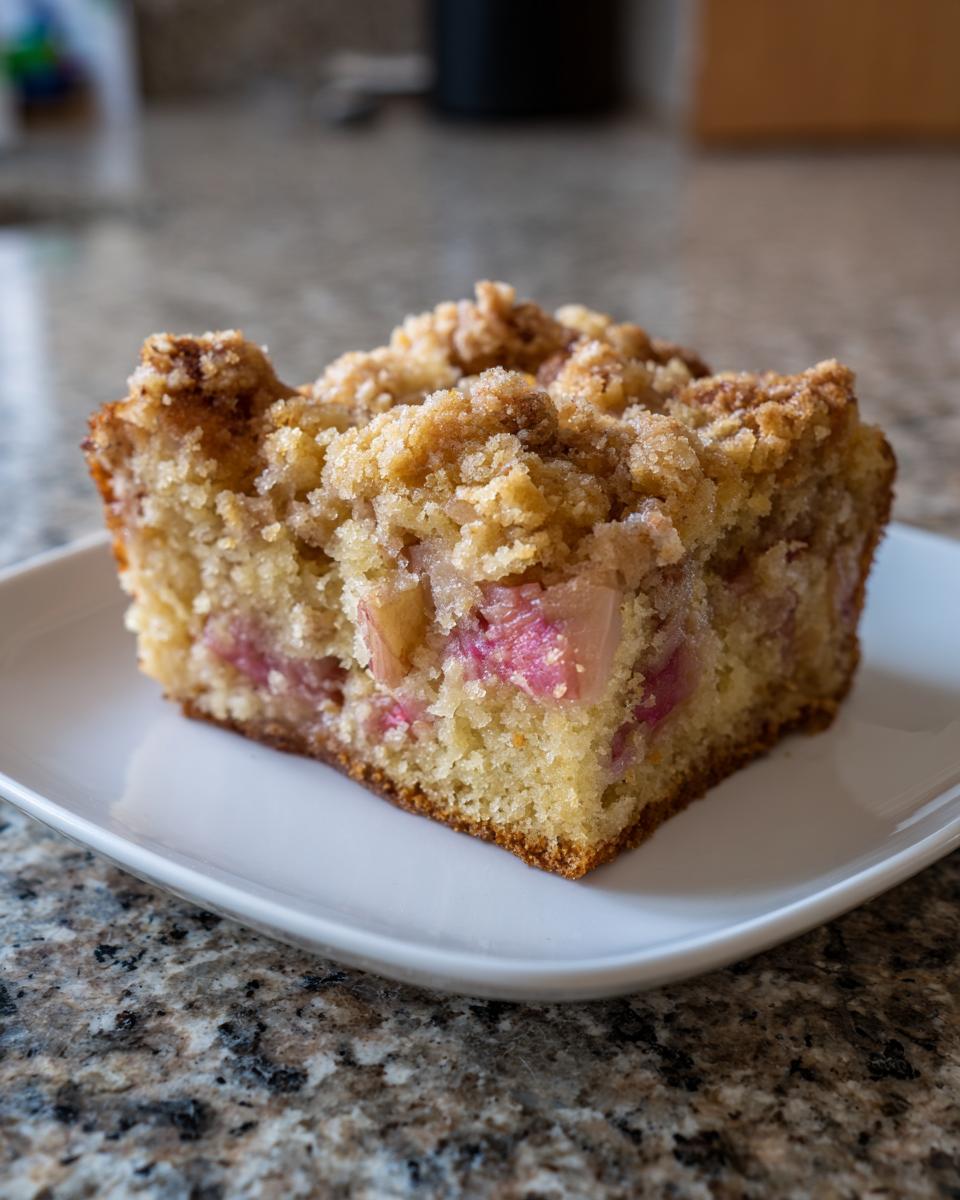 A square slice of Big Crumb Rhubarb Coffee Cake showing moist cake, pink rhubarb pieces, and a thick streusel topping.