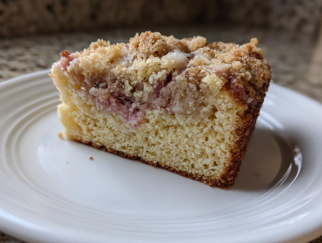 A close-up of a moist slice of Big Crumb Rhubarb Coffee Cake with a thick, sugary crumb topping, served on a white plate.