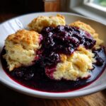 Close-up of fluffy, golden biscuits covered in a thick, dark purple sauce made from Blackberry Dumplings.
