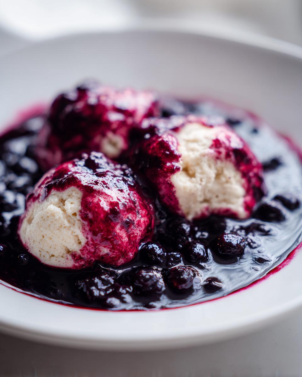 Three fluffy dumplings covered in rich, dark blackberry sauce, showcasing the texture of the Blackberry Dumplings.