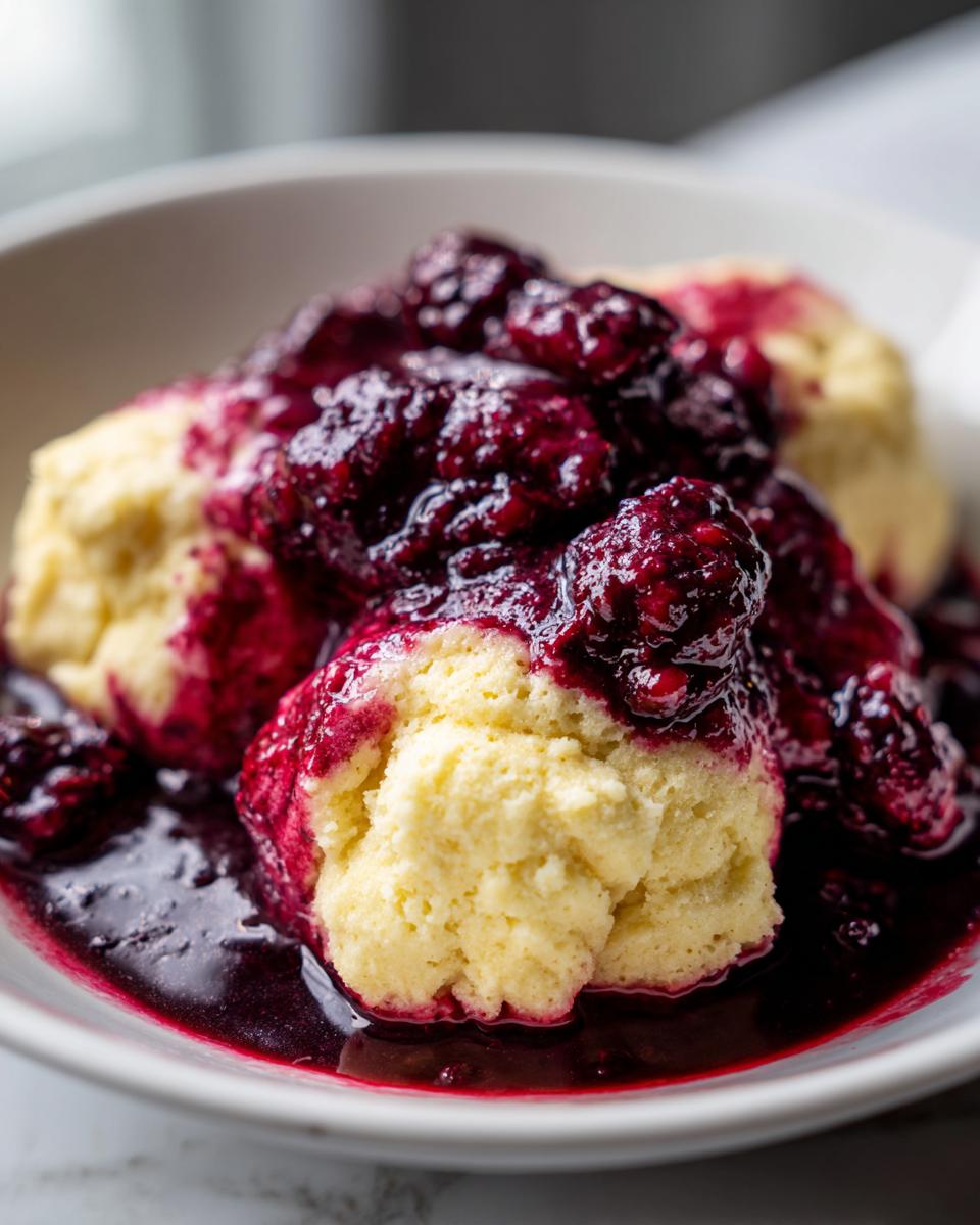 Close-up of fluffy, light yellow Blackberry Dumplings smothered in a dark, rich blackberry sauce.