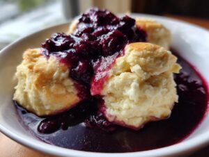 Three fluffy, golden-brown Blackberry Dumplings served warm in a white bowl, generously topped with rich, dark blackberry sauce.