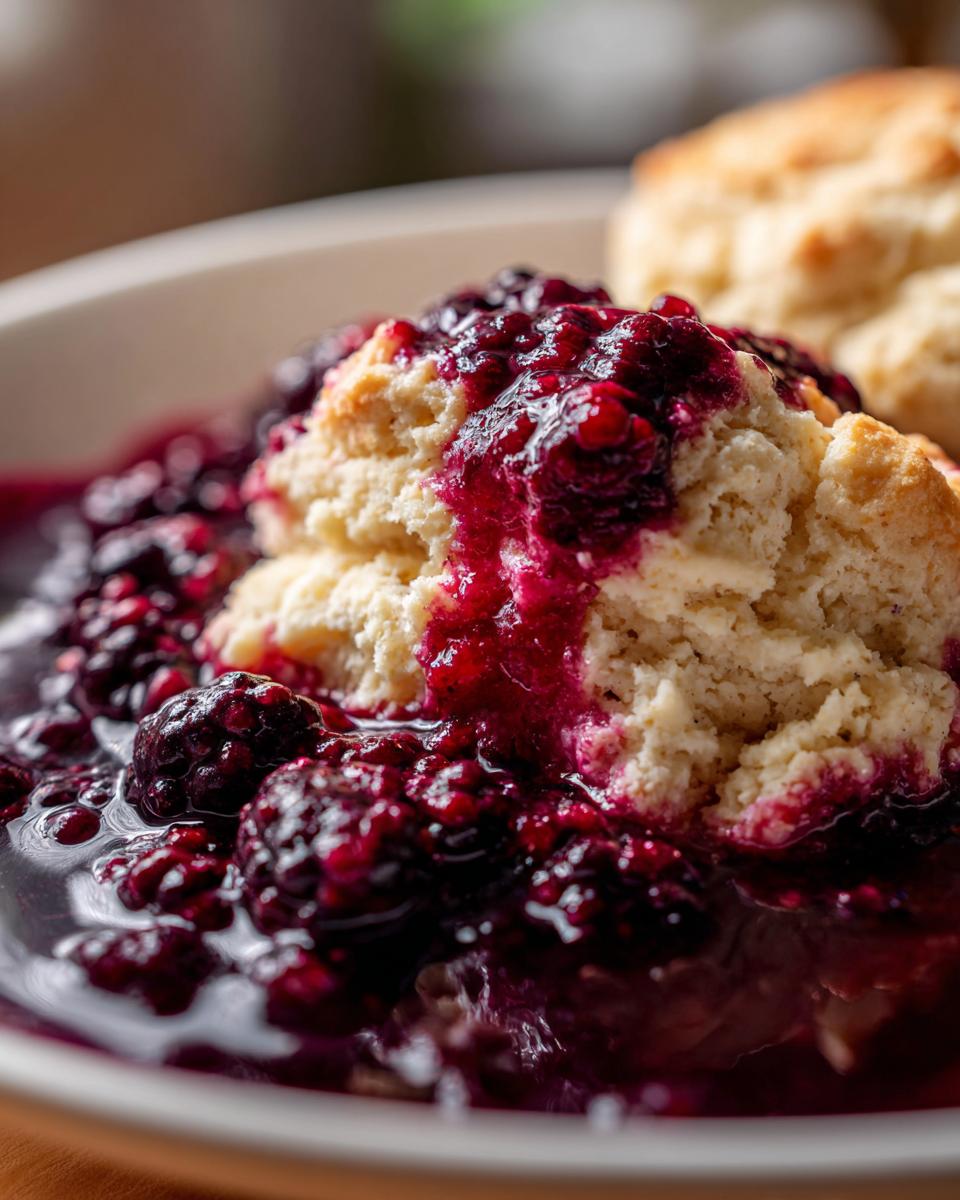 A close-up of fluffy biscuit topping smothered in rich, dark sauce and whole blackberries from the Blackberry Dumplings.