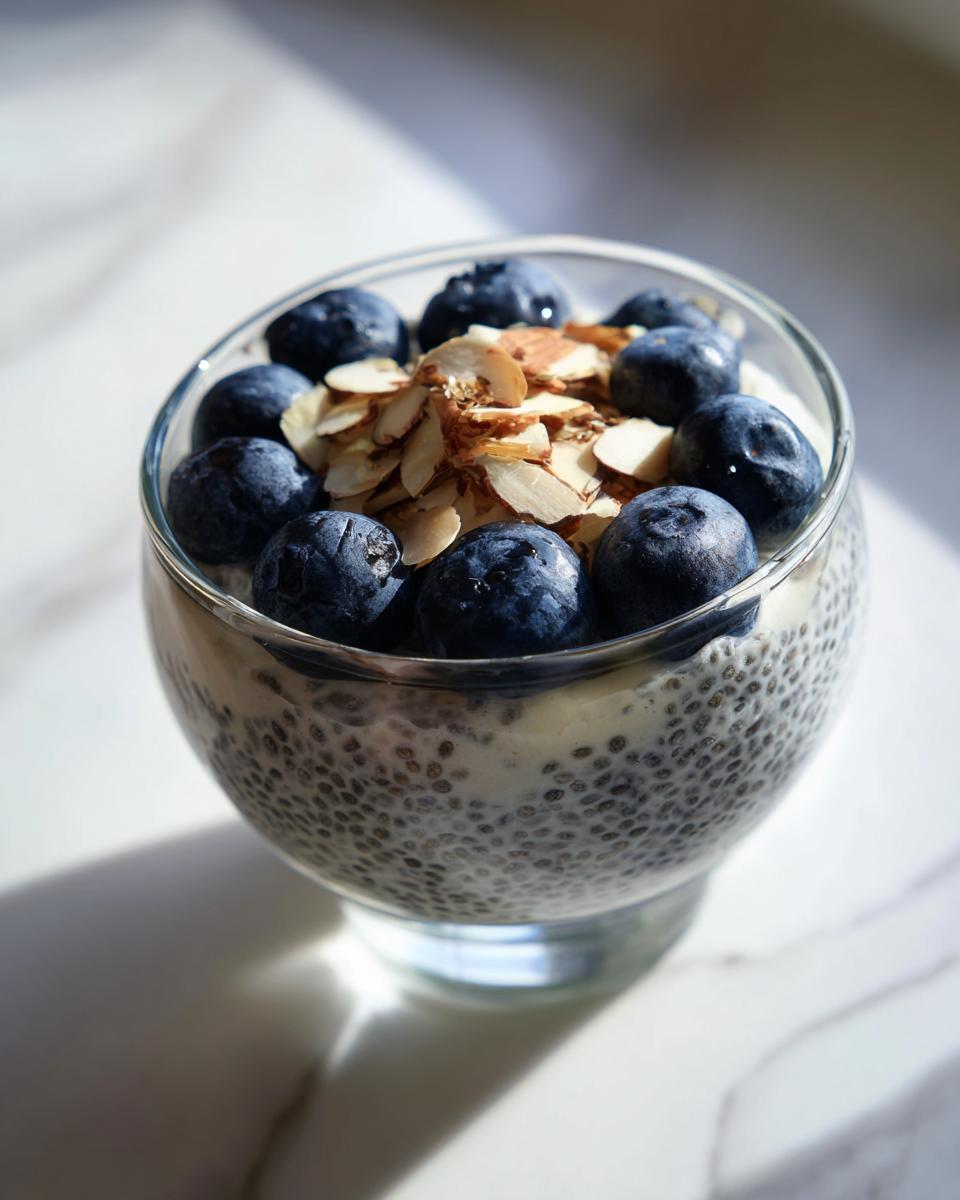 Close-up of creamy chia seed pudding topped with fresh blueberries and sliced almonds.