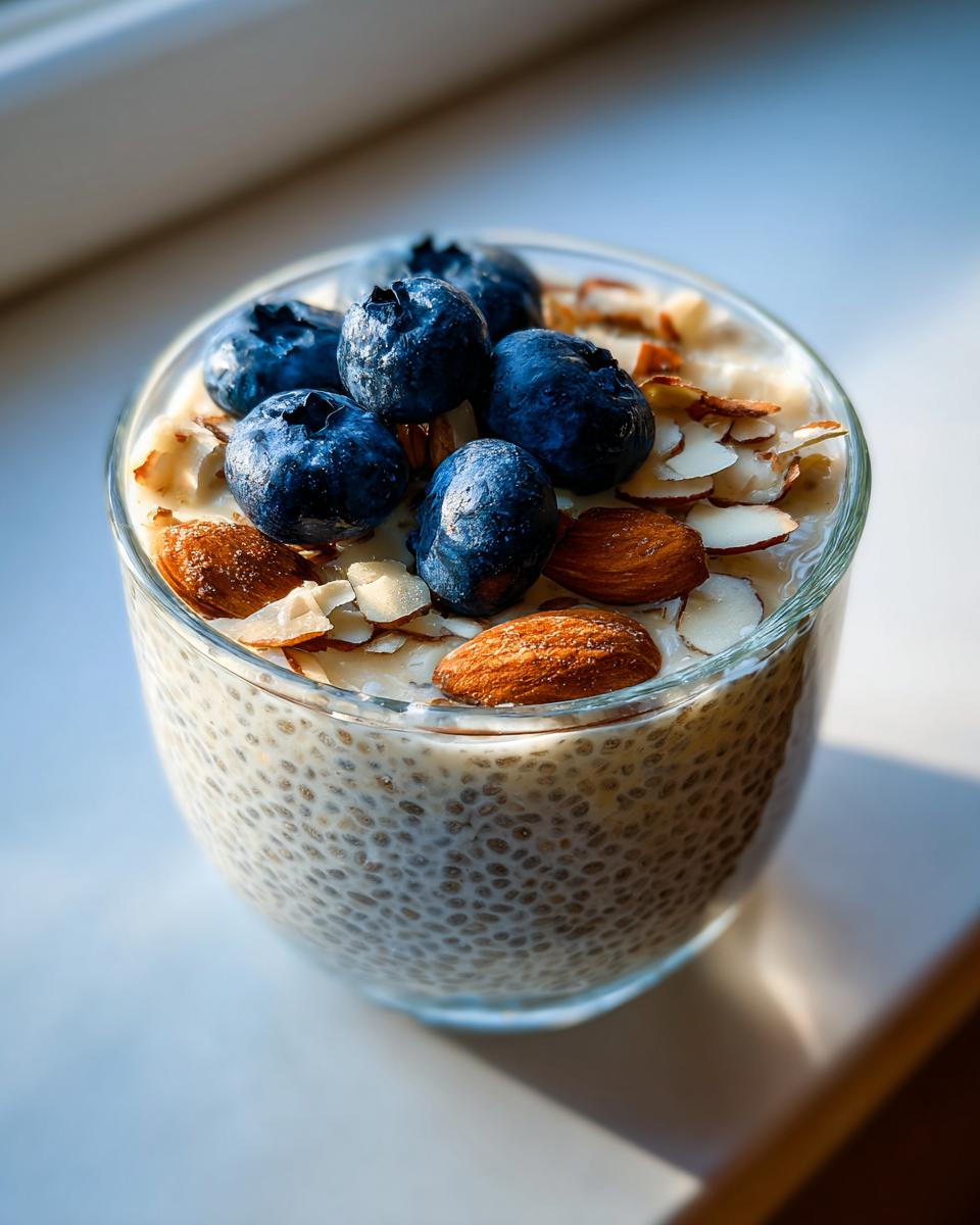 Close-up of creamy chia seed pudding topped with fresh blueberries, whole almonds, and sliced almonds.
