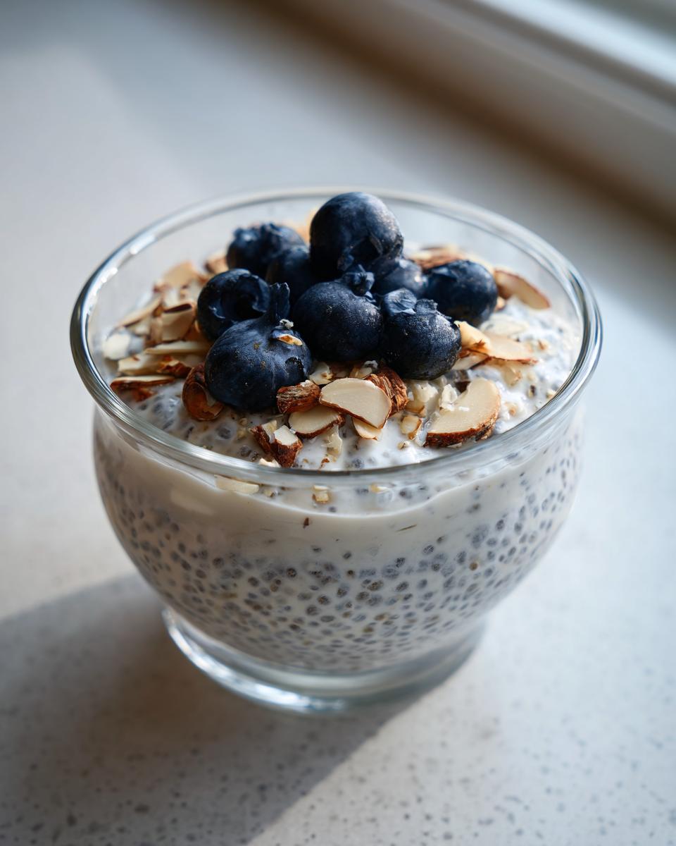 A glass serving of creamy chia seed pudding topped with fresh blueberries and sliced almonds.