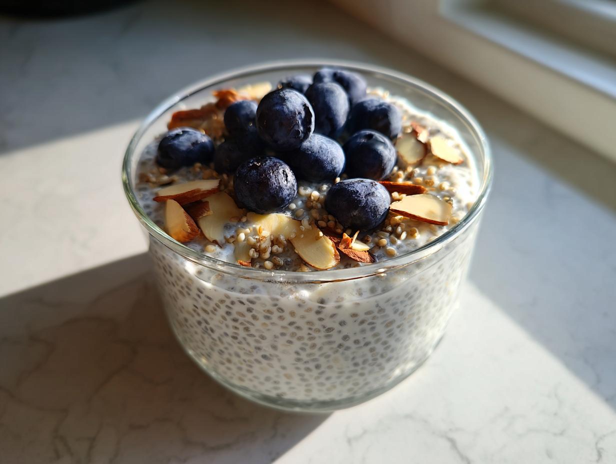 A glass bowl filled with creamy chia seed pudding topped with fresh blueberries and sliced almonds.
