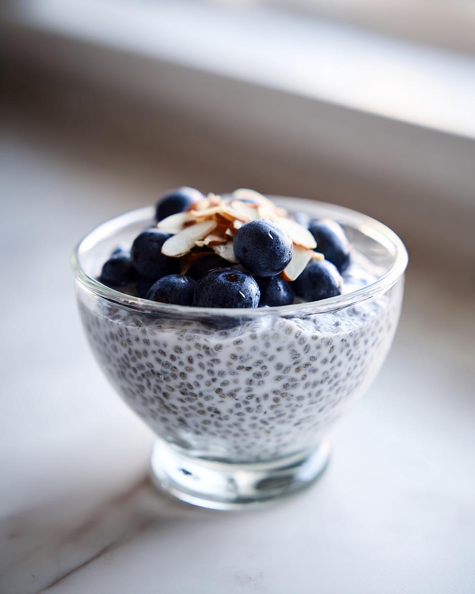 Close-up of creamy chia seed pudding topped with fresh blueberries and sliced almonds.
