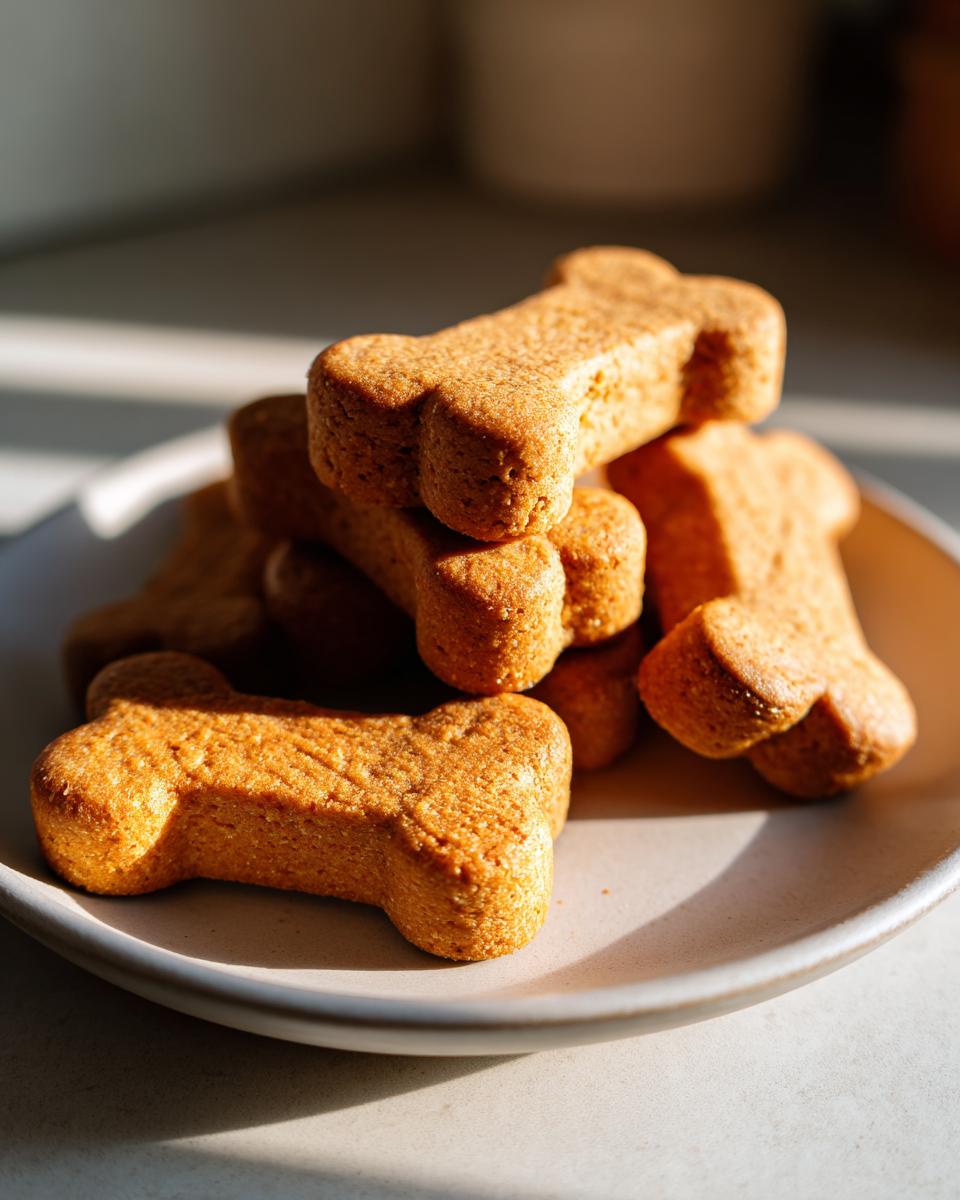 A stack of freshly baked, bone-shaped dog cookies resting on a light-colored plate, beautifully lit by natural light.