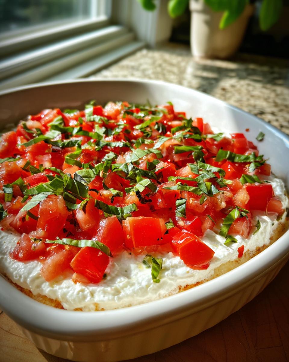 Close-up of a creamy boursin bruschetta dip topped generously with diced red tomatoes and fresh basil.