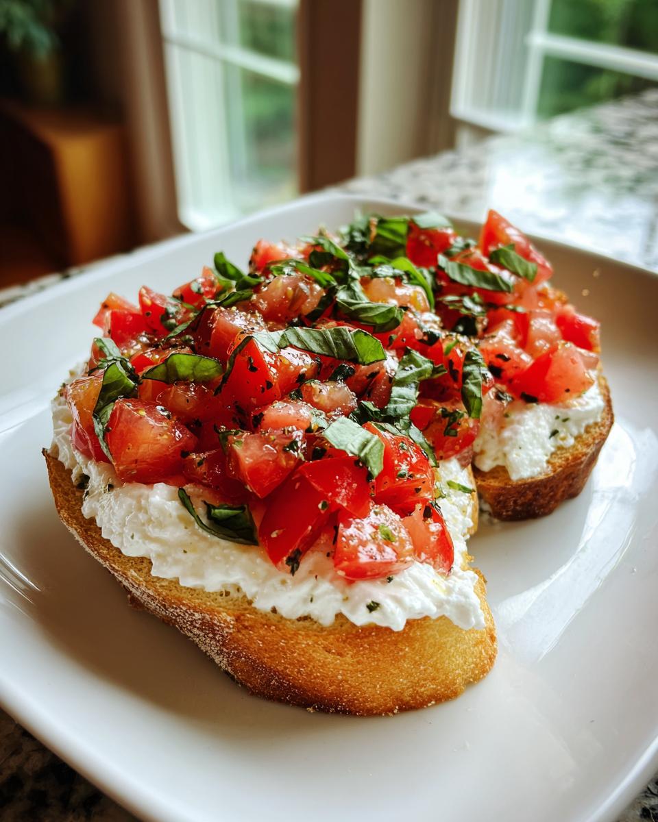 Two slices of toasted bread topped with creamy Boursin bruschetta dip recipe mixture of tomatoes and fresh basil.