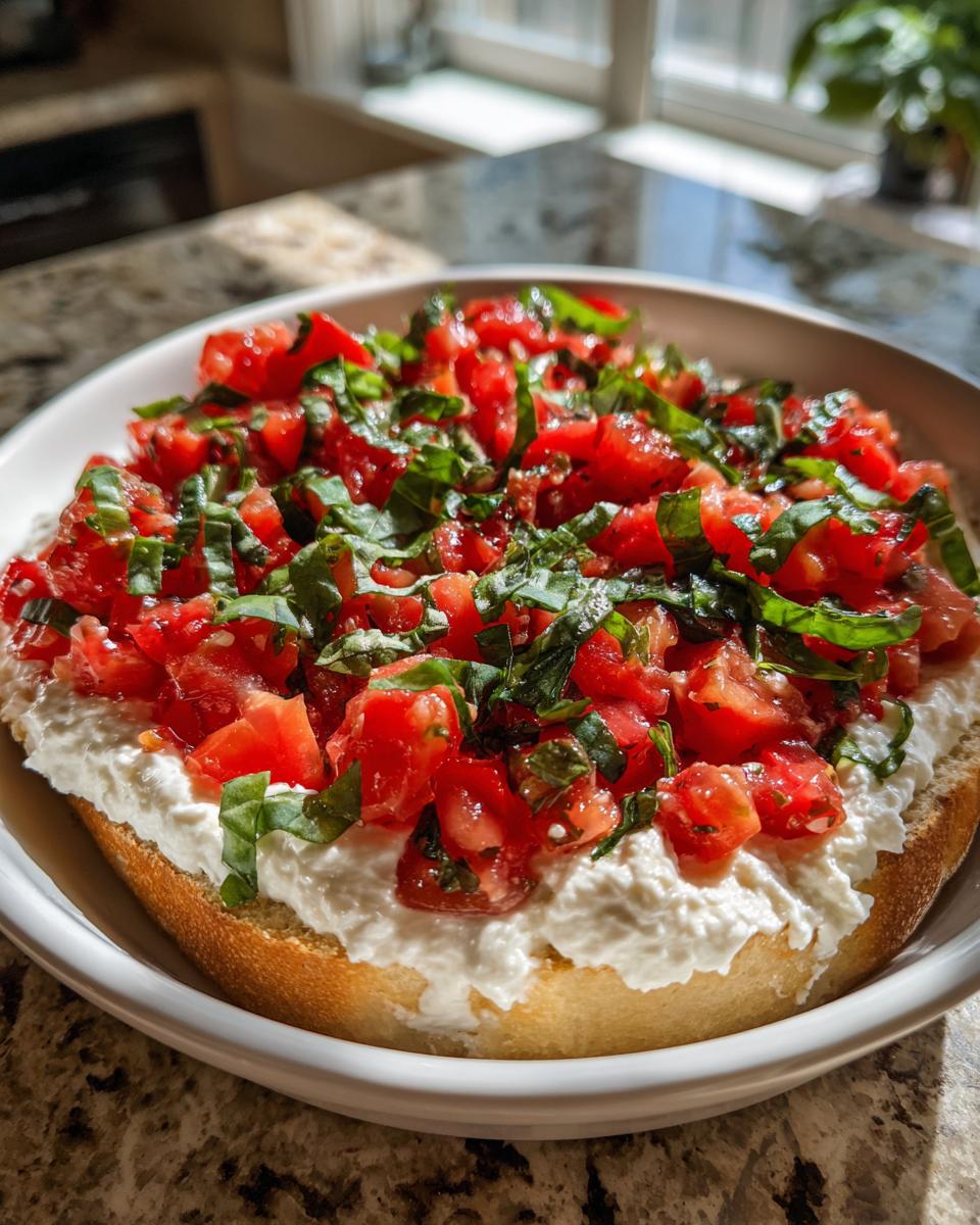 A single serving of boursin bruschetta dip recipe featuring creamy cheese spread on toast, topped with diced tomatoes and fresh basil.