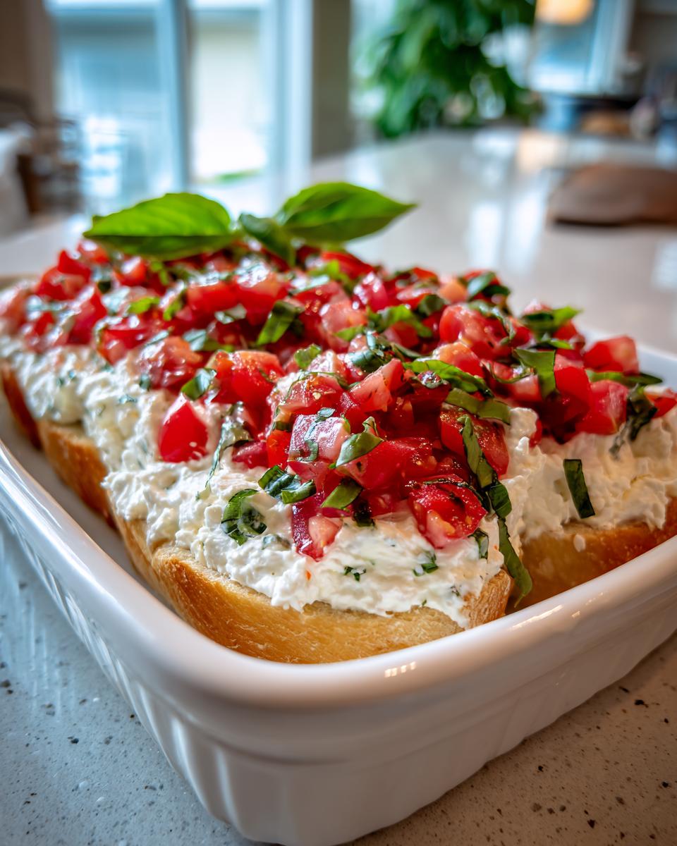 Close-up of a baked bread topped with creamy Boursin cheese spread and fresh tomato bruschetta topping.