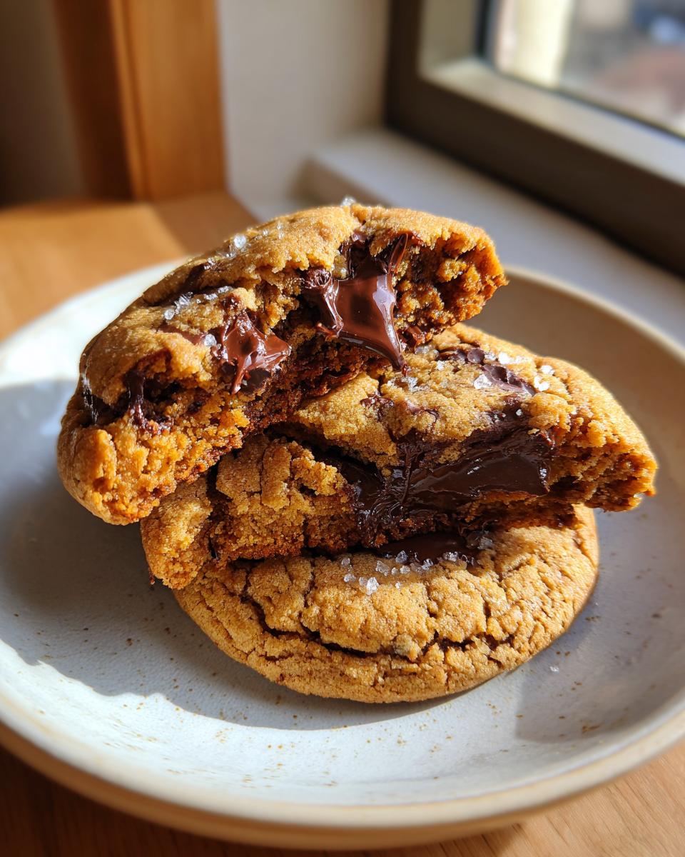 Two halves of a rich brown butter chocolate chip cookie broken open to show gooey, melted chocolate center and sea salt.