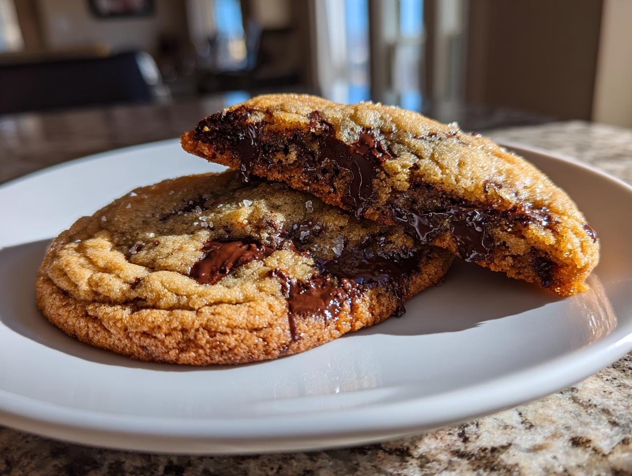Close-up of two halves of a brown butter chocolate chip cookie showing melted, gooey chocolate center and sea salt flakes.