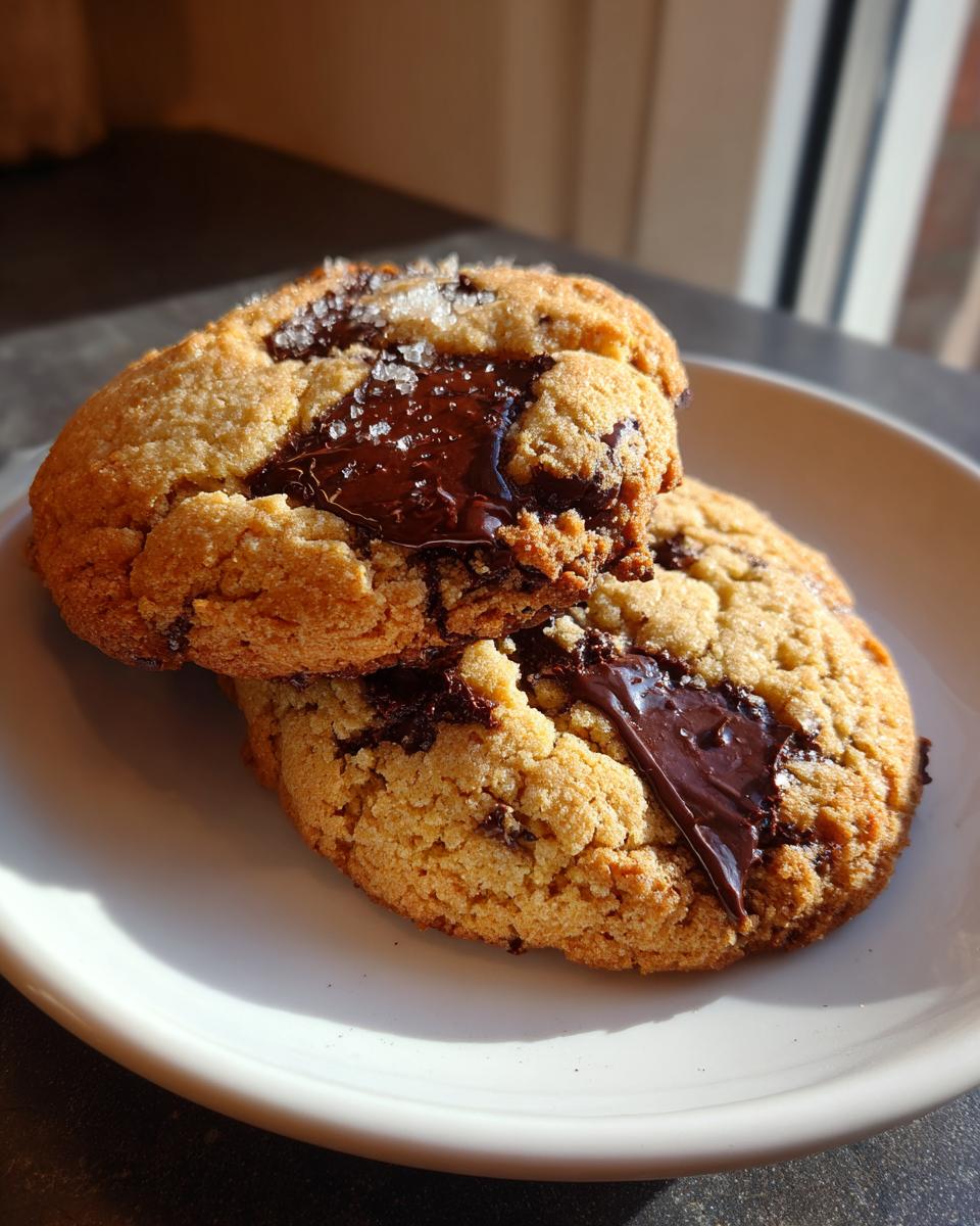 Two freshly baked brown butter chocolate chip cookies stacked slightly, showing gooey melted chocolate and sea salt.
