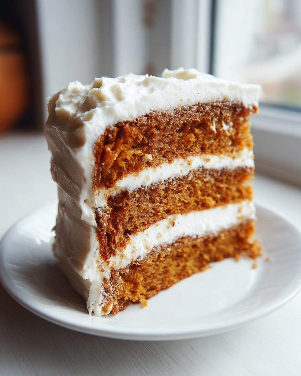 A tall slice of brown butter spice cake with three layers of cake and two layers of white whipped icing.