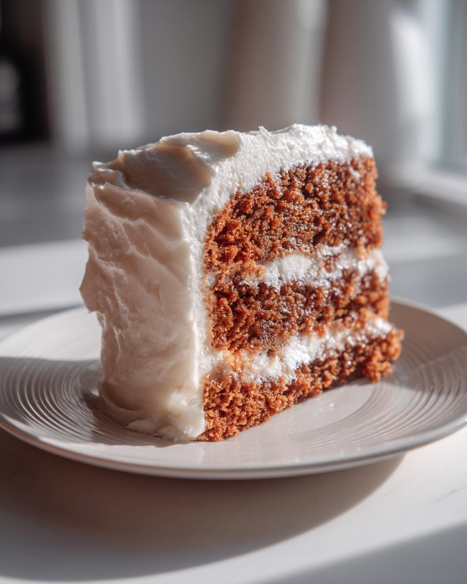 A tall slice of brown butter spice cake with thick layers of white whipped icing.