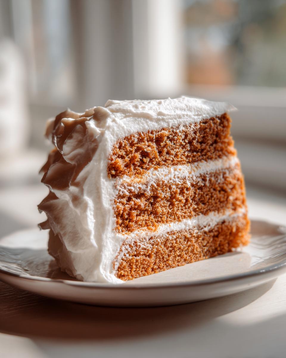 Close-up of a tall slice of brown butter spice cake with three layers and thick white whipped icing.