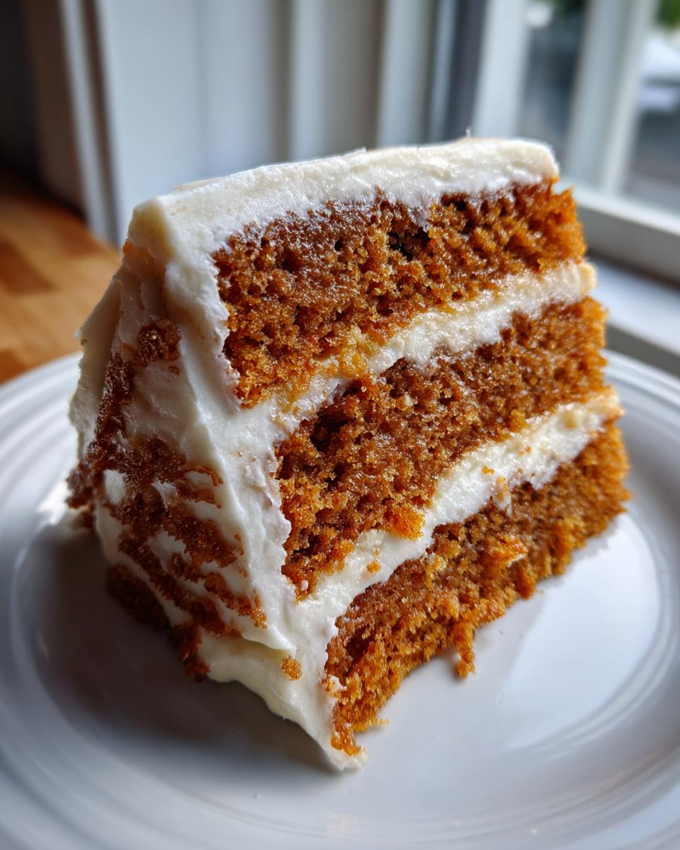 Close-up of a moist slice of brown butter spice cake layered with thick white whipped icing.