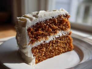 A close-up slice of moist brown butter spice cake layered with white whipped icing, sitting on a white plate.