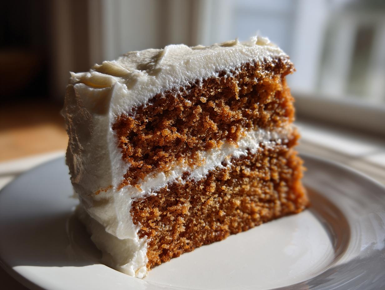A close-up slice of moist brown butter spice cake layered with white whipped icing, sitting on a white plate.
