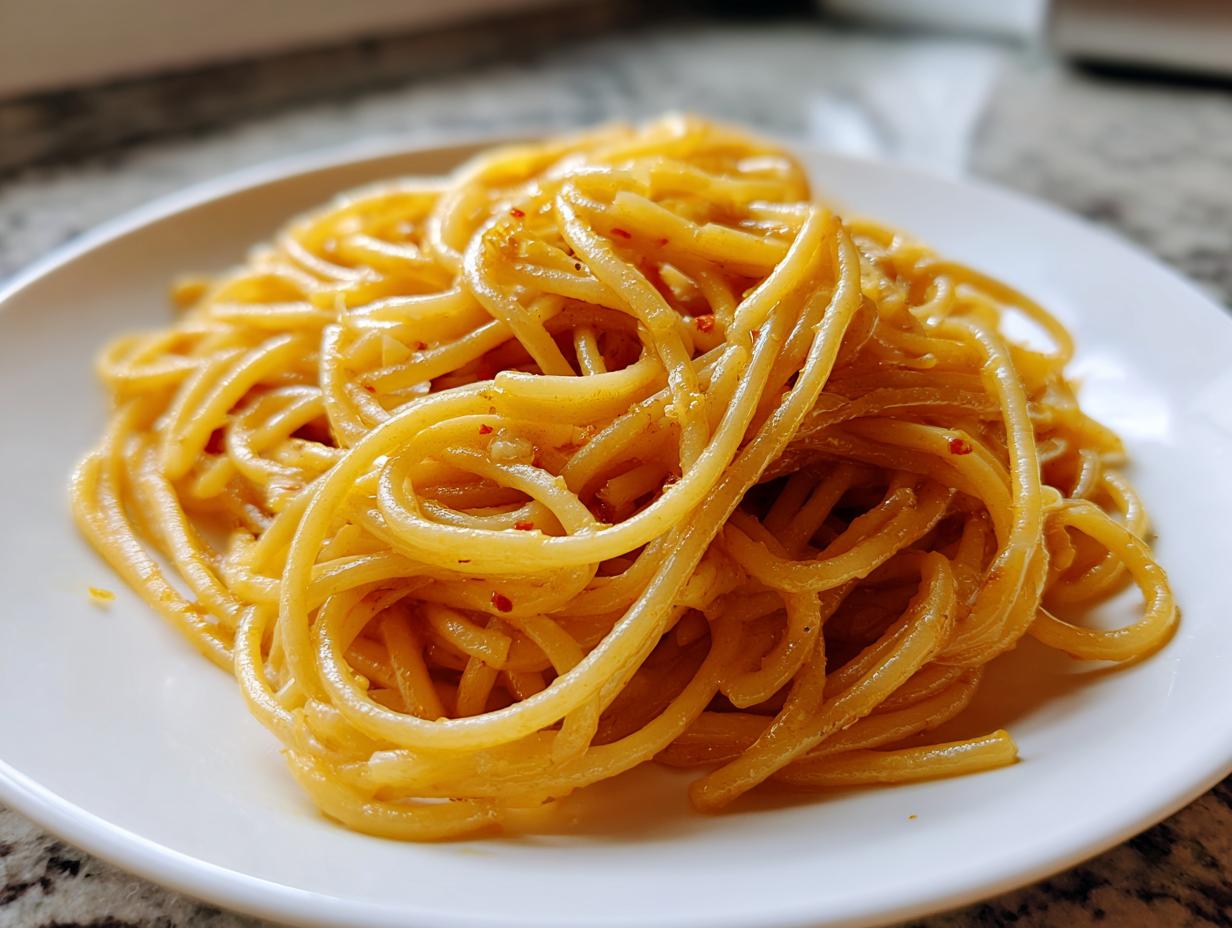Close-up of a serving of glossy buttered spaghetti, lightly seasoned with red pepper flakes, on a white plate.