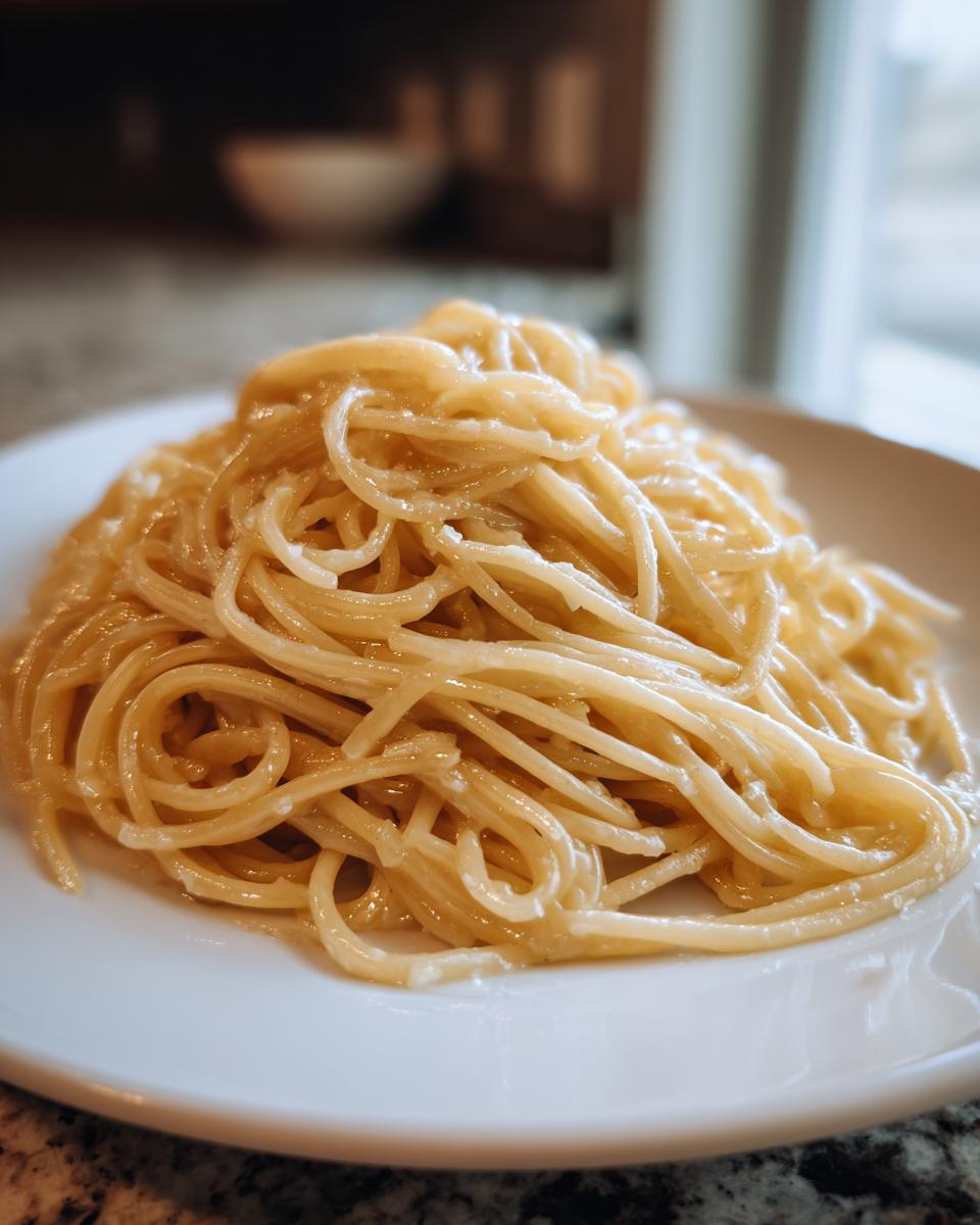 A close-up of a serving of creamy buttered spaghetti tossed in a light sauce, served on a white plate.