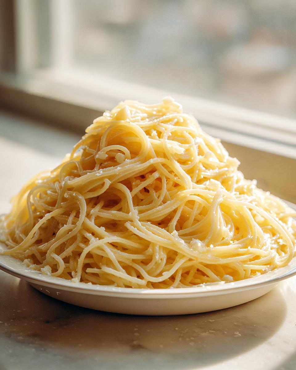 A tall mound of glossy buttered spaghetti topped with grated cheese served on a white plate near a window.