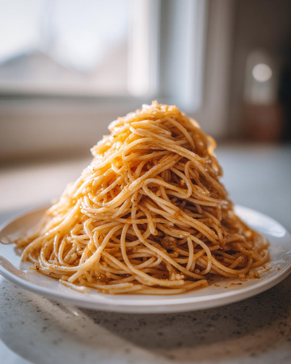 A tall mound of glossy buttered spaghetti served on a white plate, glistening under natural light.