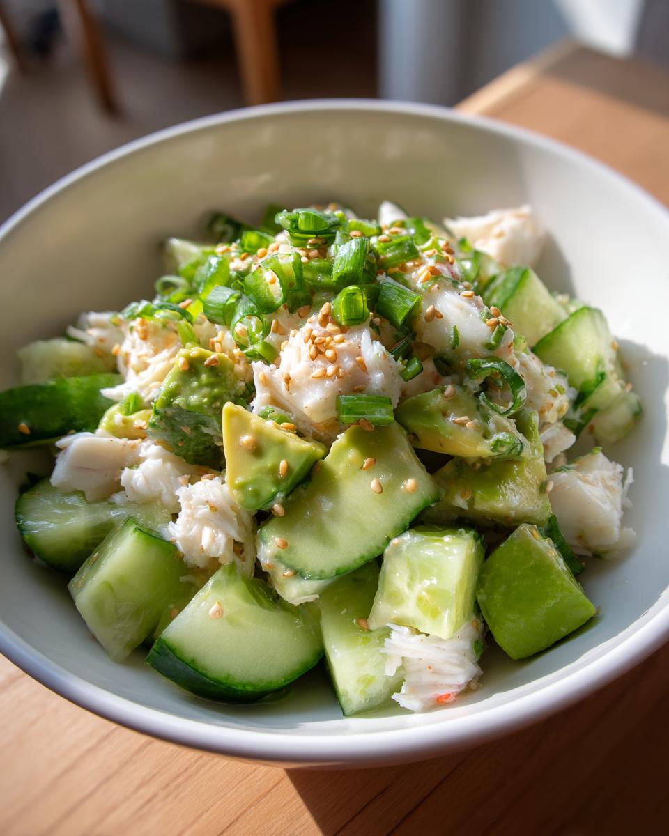 A close-up of a refreshing california roll cucumber salad featuring chunks of cucumber, avocado, and crab meat, topped with green onions and sesame seeds.
