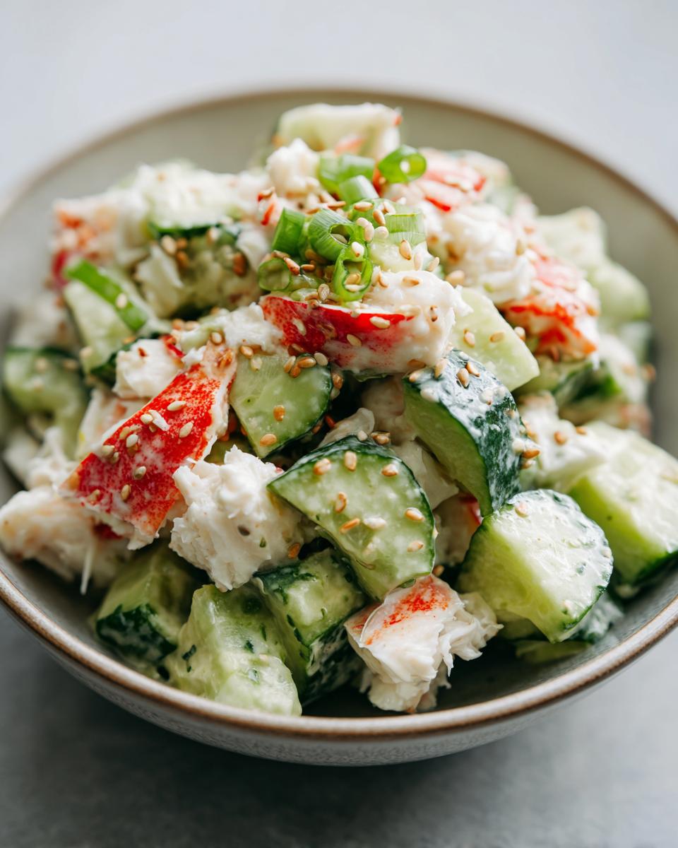 A close-up view of a creamy california roll cucumber salad featuring chunks of imitation crab, sliced cucumbers, and sesame seeds.