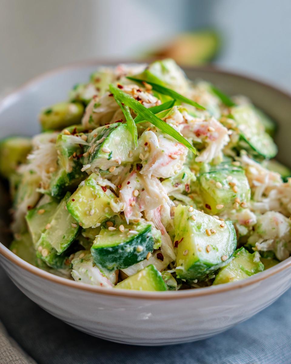 A close-up of a creamy california roll cucumber salad featuring chunks of cucumber, imitation crab meat, and sesame seeds.
