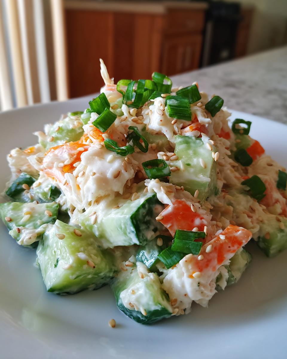 A close-up serving of creamy california roll cucumber salad, topped with green onions and sesame seeds.