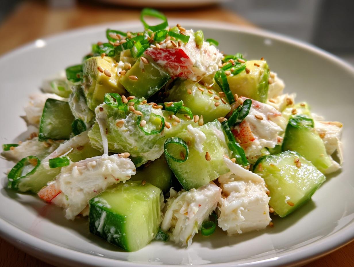 A close-up of the finished california roll cucumber salad featuring chunks of cucumber, avocado, and crab mix, topped with green onions and sesame seeds.