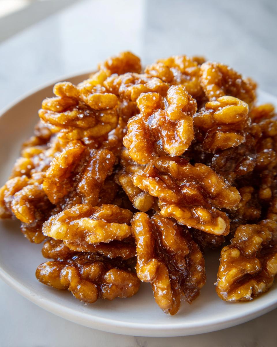 A close-up shot of glossy, caramelized candied walnuts piled high on a small white plate.