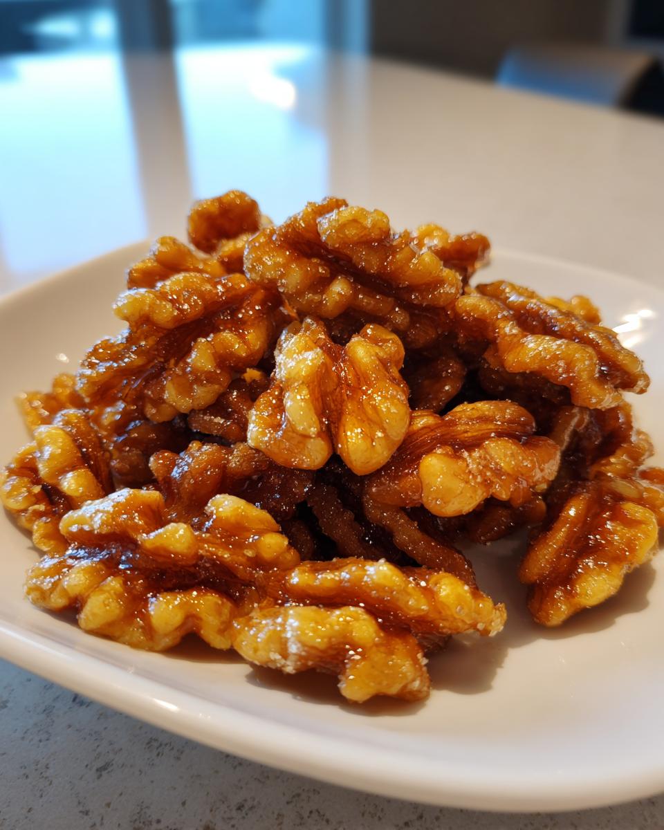 A close-up pile of glossy, homemade candied walnuts coated in a rich, amber glaze, served on a white dish.