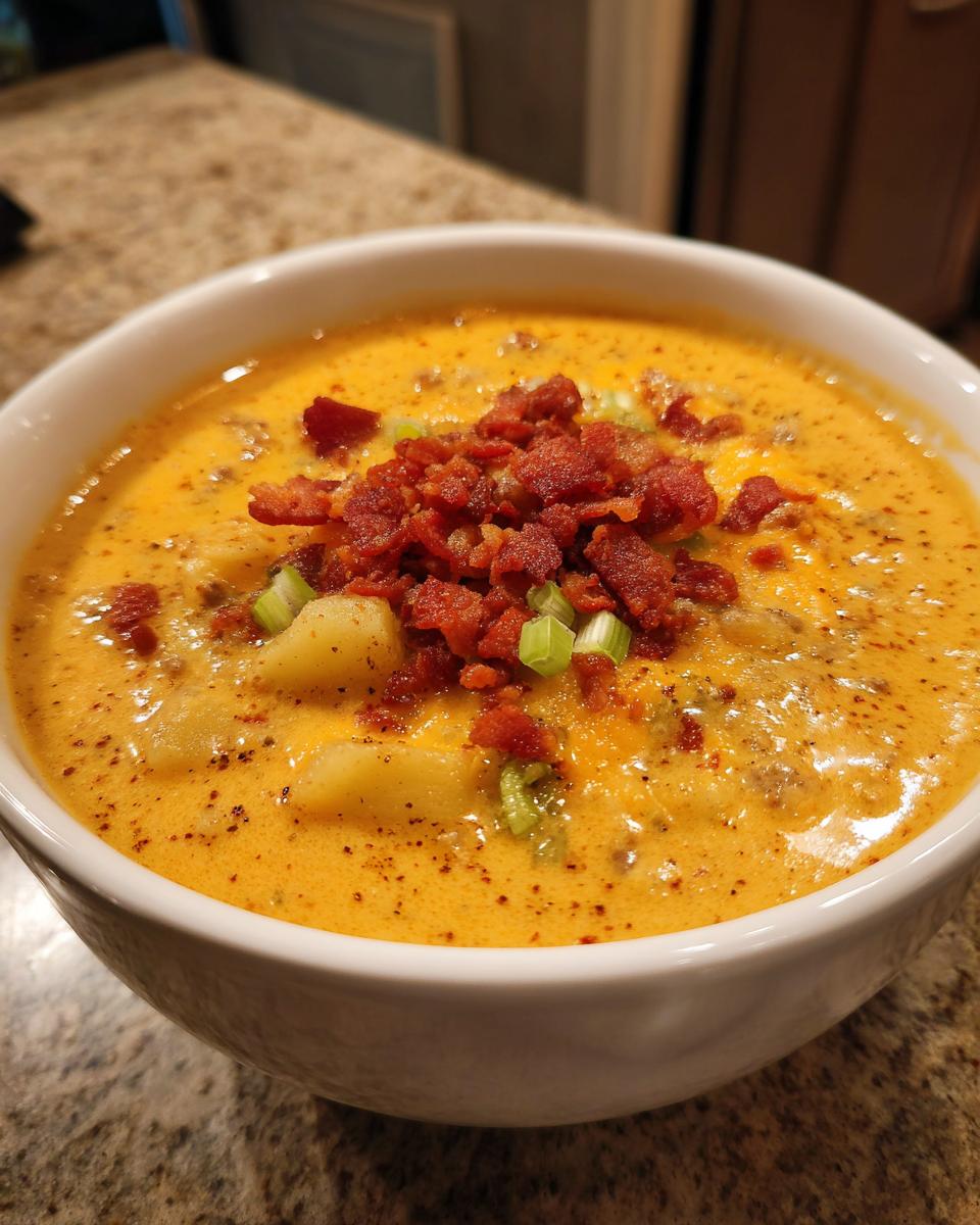 Close-up of a creamy, orange cheeseburger soup recipe topped generously with crumbled bacon and green onions.
