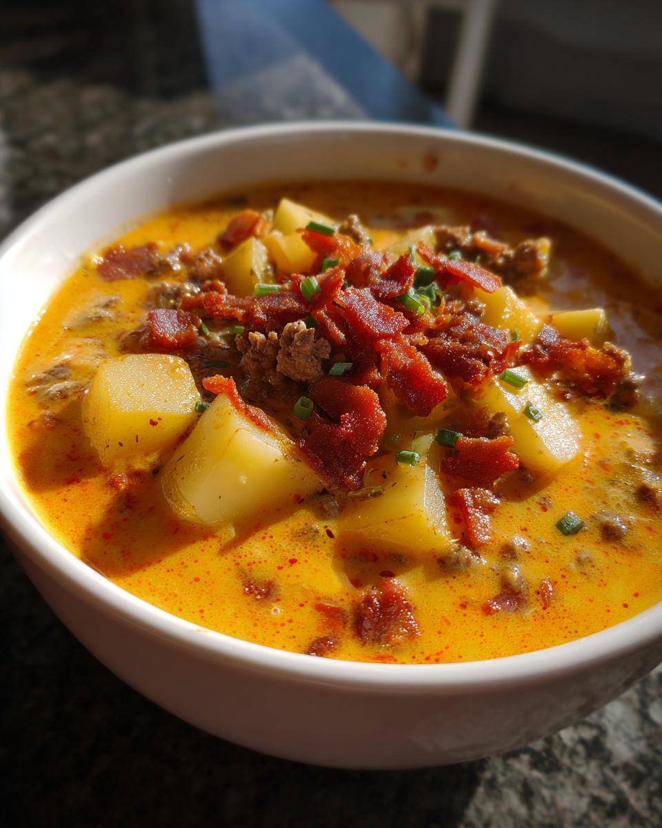 Close-up of a bowl of creamy, orange cheeseburger soup recipe loaded with potatoes, ground beef, and crispy bacon.