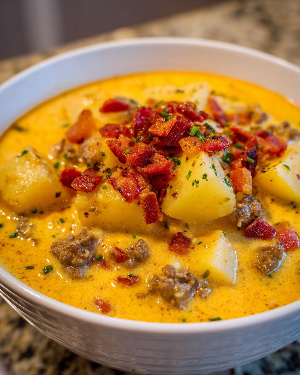 Close-up of a bowl of creamy, yellow cheeseburger soup recipe featuring chunks of potato, ground beef, and crispy bacon bits.