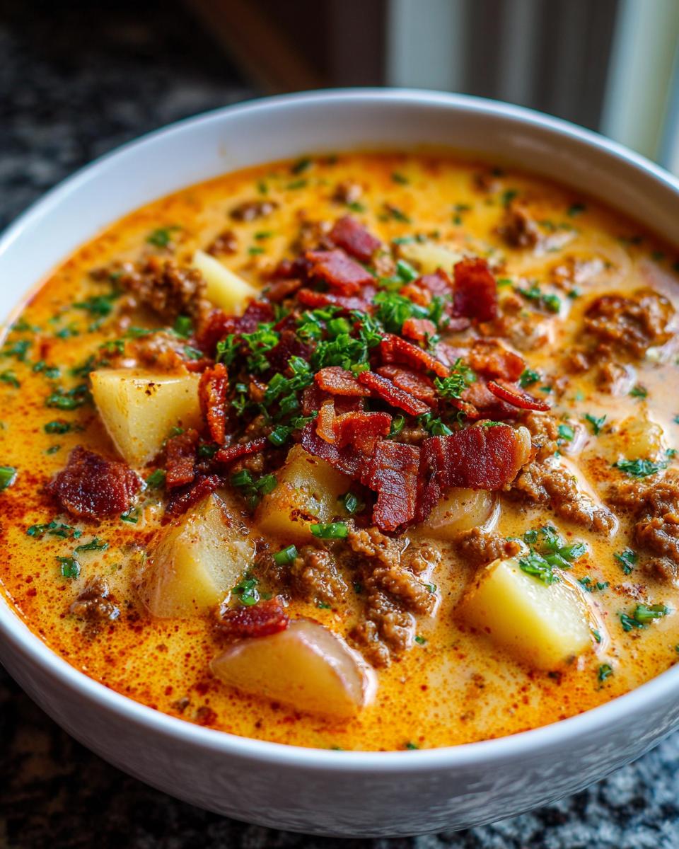 Close-up of a bowl of creamy cheeseburger soup recipe, featuring potatoes, ground beef, and topped with crispy bacon and chives.