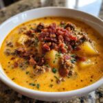 Close-up of a bowl of creamy cheeseburger soup recipe, loaded with ground beef, potatoes, and crispy bacon bits.