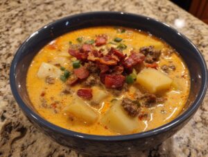 A close-up of a rich, creamy cheeseburger soup recipe topped with ground beef, potatoes, bacon, and green onions.