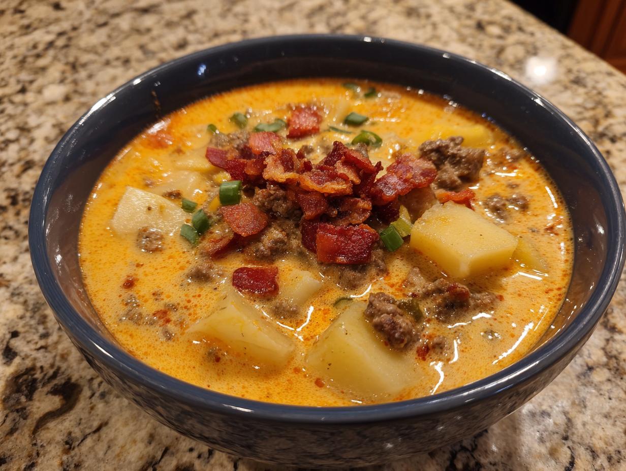 A close-up of a rich, creamy cheeseburger soup recipe topped with ground beef, potatoes, bacon, and green onions.