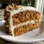 A thick slice of moist carrot cake with cream cheese frosting and chopped pecans, resembling the Cheesecake Factory carrot cake recipe.