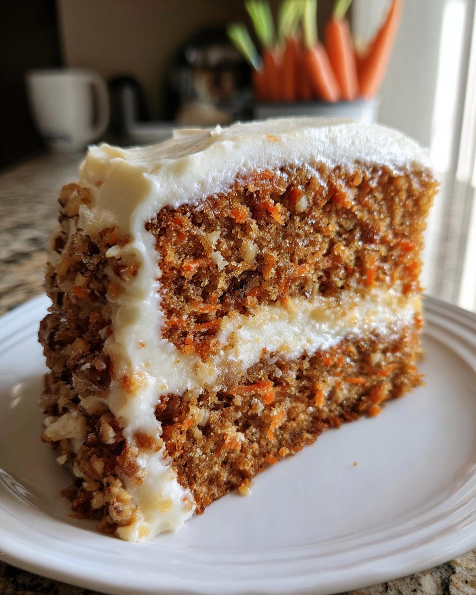 Close-up of a delicious slice of carrot cake with thick cream cheese frosting, part of the Cheesecake Factory carrot cake recipe.