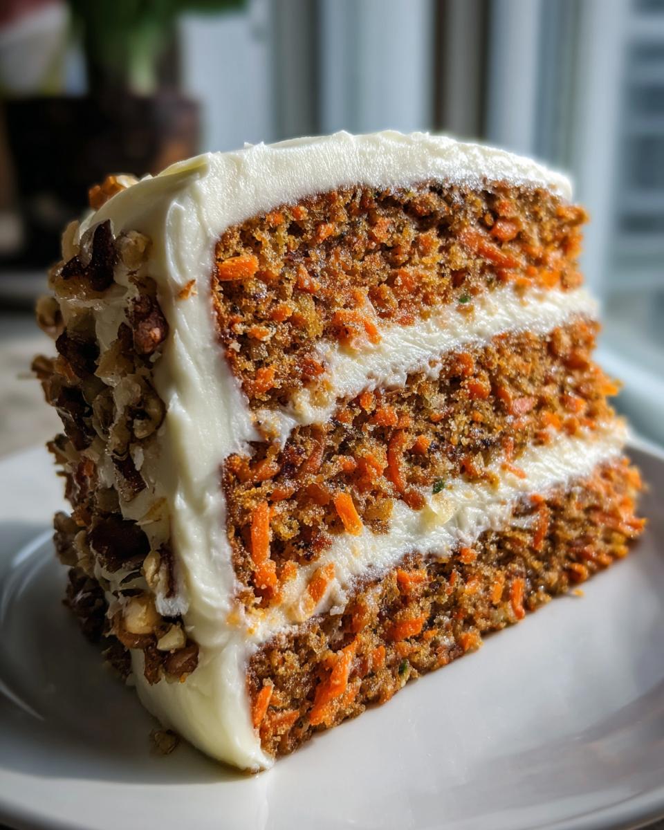 Close-up of a moist slice of multi-layered cheesecake factory carrot cake recipe with cream cheese frosting and pecans.