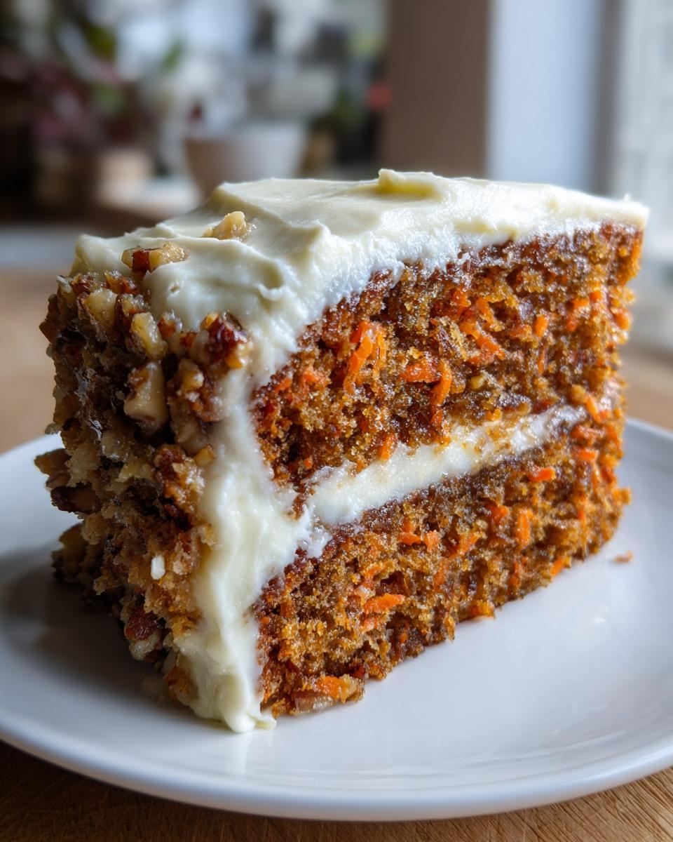 A thick slice of multi-layered cheesecake factory carrot cake recipe, featuring moist cake, cream cheese frosting, and chopped nuts.